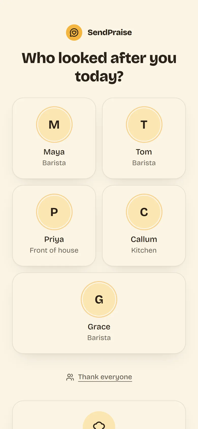 What you see when you scan a SendPraise tag: “Who looked after you today?”, with the team’s names to choose from.